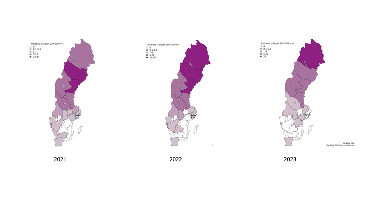 Incidensen är alltid högst i de nordligaste delarna av landet. År 2023 var incidensen högst i Norrbotten. Källa: Folkhälsomyndigheten.