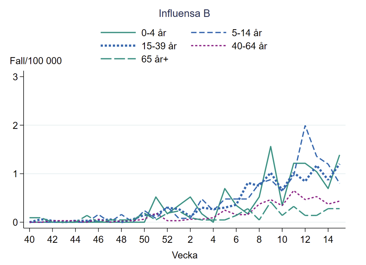 Antalet fall av influensa B i förhållande till befolkningen är lågt i alla åldersgrupper, lägst i åldersgruppen 65 år och äldre. 