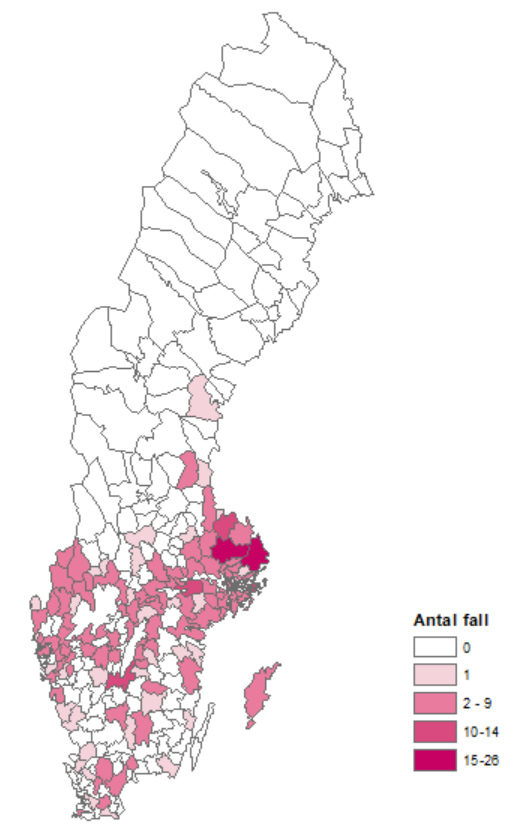 Fall har smittats i m&aring;nga av kommunerna i G&ouml;taland och Svealand. 