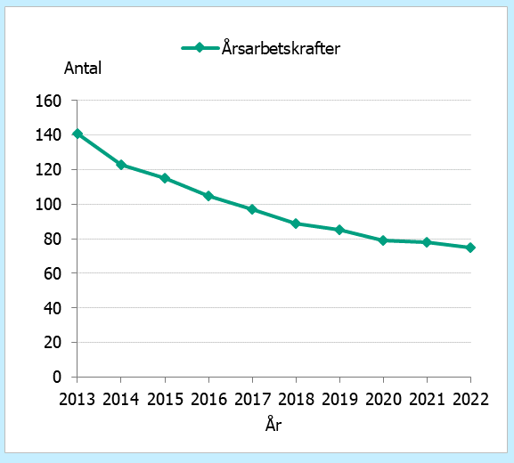Antal årsarbetskrafter har minskat stadigt under 2013-2022 från 141 till 75.