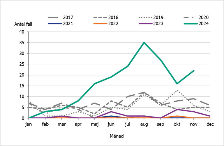 Antalet fall av kikhosta per m&aring;nad bland barn yngre &auml;n 1 &aring;r &auml;r fler &auml;n perioden 2017-2023. I november 2024 rapporterades 22 fall.