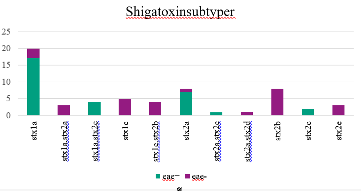 Stapeldiagram som visar Fördelning av shigatoxinsubtyper och eae för inkomna isolat under perioden 1 januari till 31 mars 2020 (n=59).