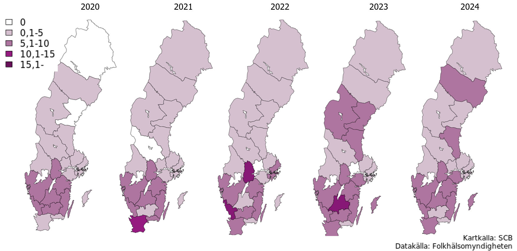 Incidensen av ehec smittade i Sverige är vanligtvis högre i landets södra regioner. Källa Folkhälsomyndigheten.