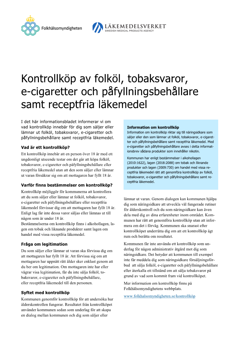 Kontrollköp av folköl, tobaksvaror, e-cigaretter och påfyllningsbehållare samt receptfria läkemedel