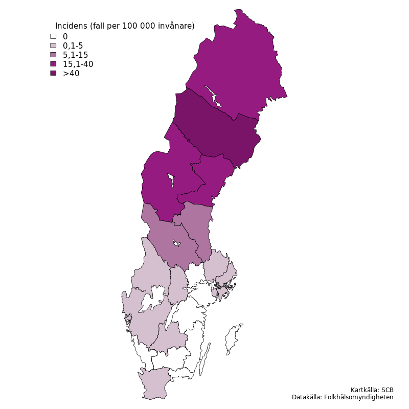 Incidensen var högst i Västerbotten, Västernorrland och Norrbotten. Källa: Folkhälsomyndigheten.