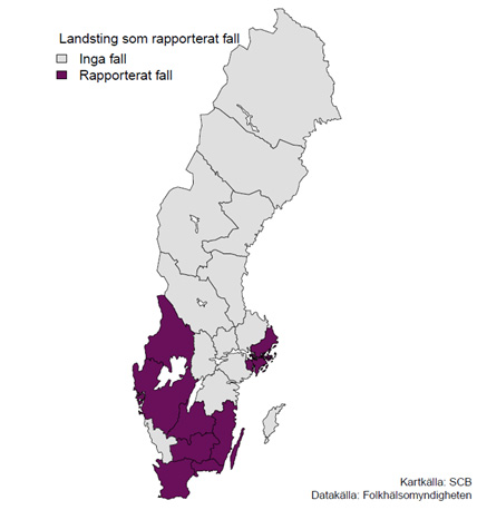 Karta som visar fördelningen av fall med papegojsjuka i landet.