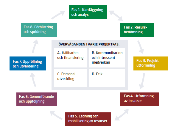 Den europeiska modellen för drogförebyggande arbete med hög kvalitet (EDPQS) – åtta faser och fyra återkommande överväganden. Fas 1 kartläggning och analys. Fas 2 resursbedömning. Fas 3 projektutformning. Fas 4 utforming av insatser. Fas 5 ledning och mobilisering av resurser. Fas 6 genomförande och uppföljning. Fas 7 uppföljning och utvärdering. Fas 8 förbättring och spridning