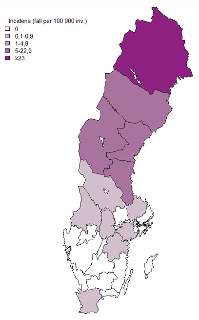 Incidensen &auml;r h&ouml;gst i de nordligaste delarna av landet.