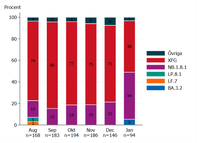 I januari sjunker andelen XFG till 48 procent, medan andelen NB.1.8.1 &ouml;kar till 44 procent, se tabell V1.