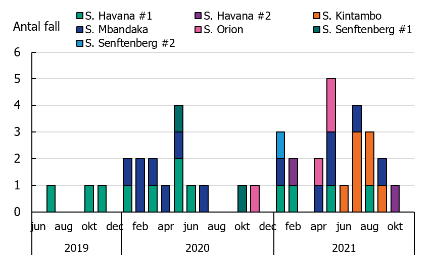 Stapeldiagram som visar att 0-5 personer har insjuknat med någon av flera olika serotyper och stammar av salmonella per månad mellan juli 2019 och oktober 2021.