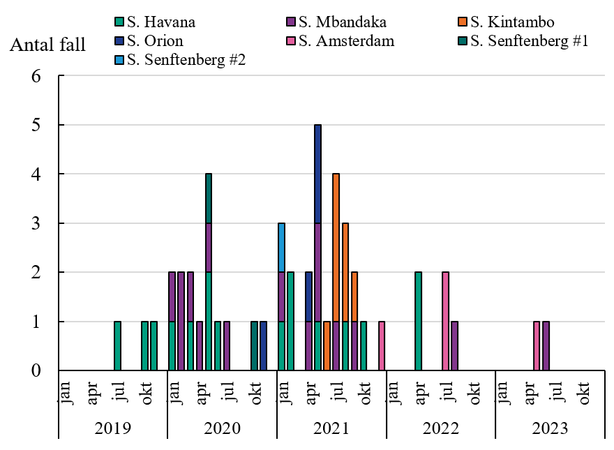 Figuren visar antalet insjuknade per månad under perioden 2019-2023 samt vilka serotyper och stammar som har legat bakom.