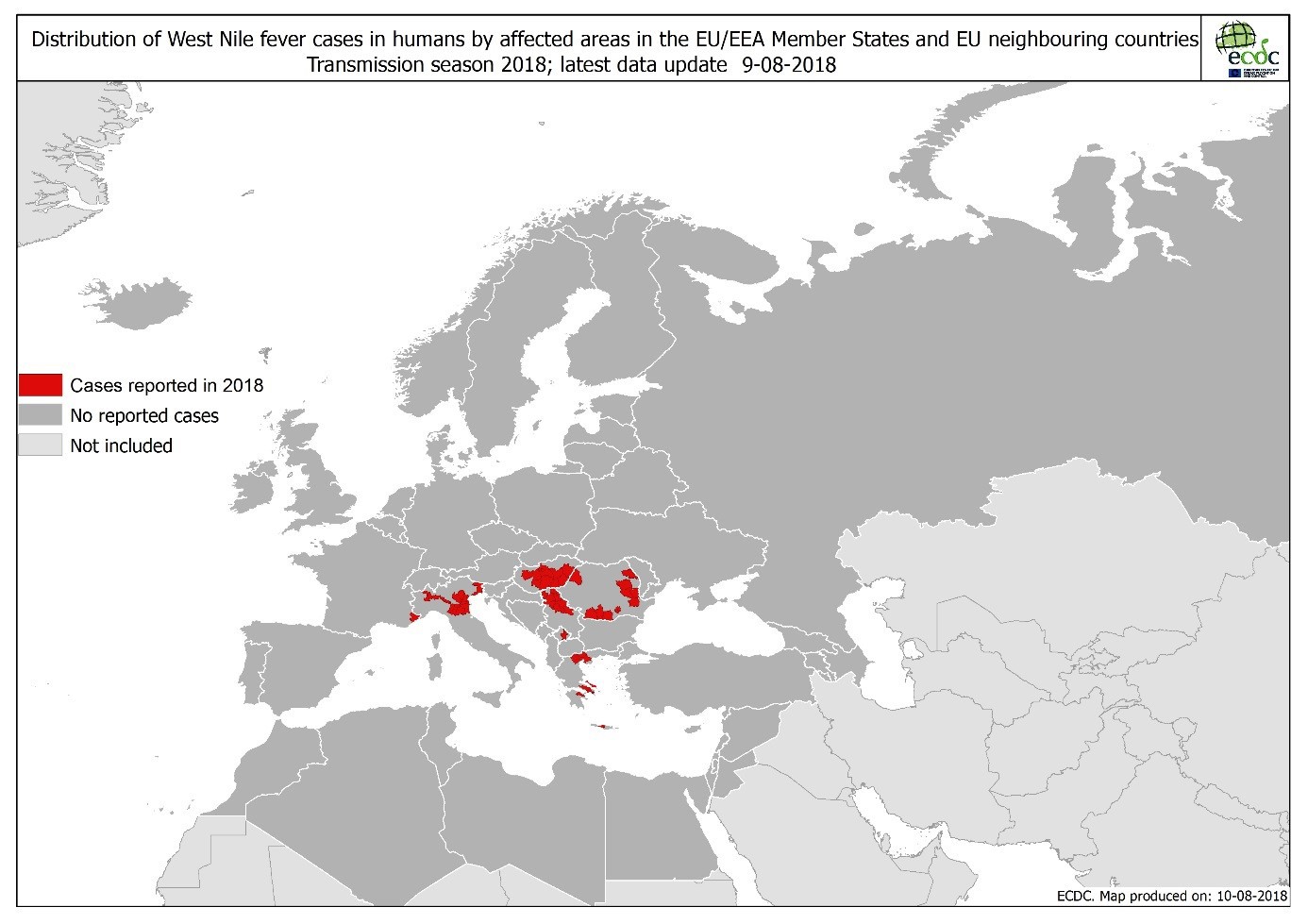 Distribution of West Nile fever cases in humans in the EU/EEA Member states