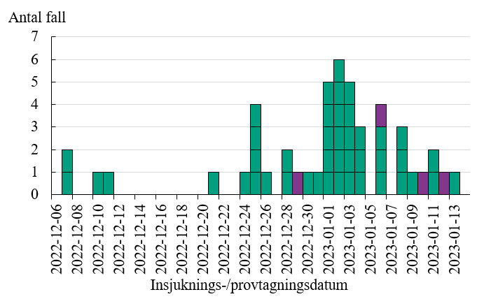 Figuren visar att de personer som identifierats tillh&ouml;ra utbrottet har insjuknat eller provtagits 7 december 2022 till 13 januari 2023.