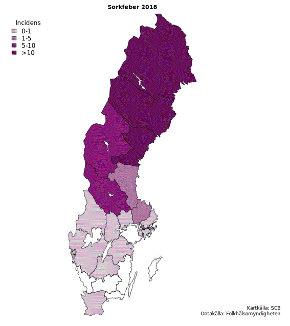 Figur 3. Karta över sorkfeberincidens per rapporterande region under 2018.