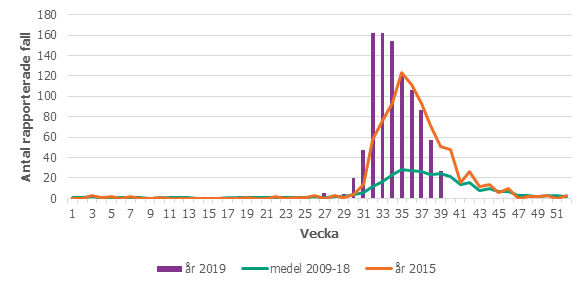 Antal smittade var h&ouml;g mellan vecka 33 och 39.