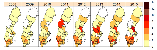 Figur 4. Inhemsk incidens av rapporterad ehec 2007-2014. 