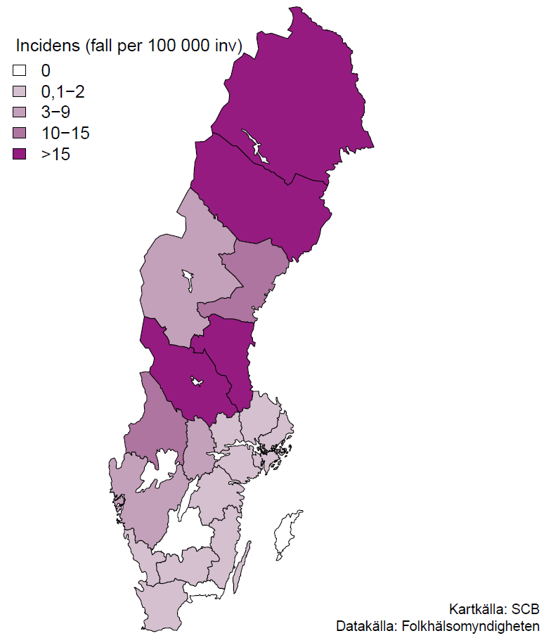Karta som visar att incidensen var högst i de norra och mellersta delarna av Sverige under 2024. Källa: Folkhälsomyndigheten.