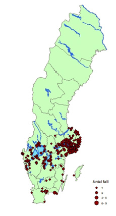 Karta som visar var i Sverige TBE-fallen smittades 2017