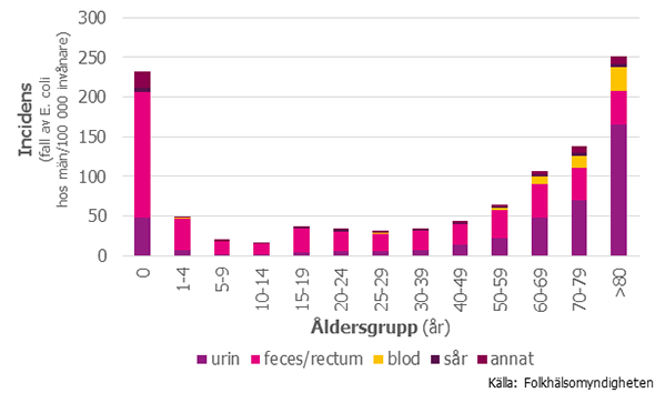 Figur 4. Incidensen av ESBL-producerande E. coli hos män 2016 fördelade på provtyp