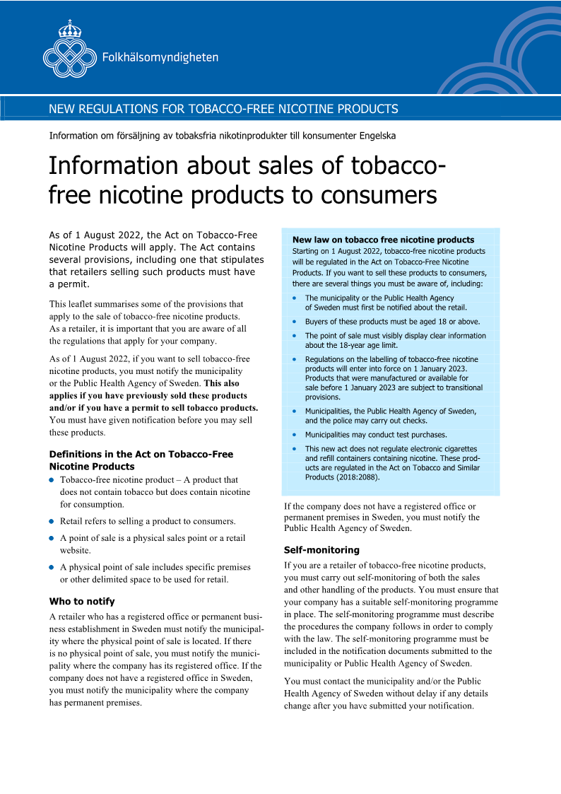 Information about sales of tobacco-free nicotine products to consumers