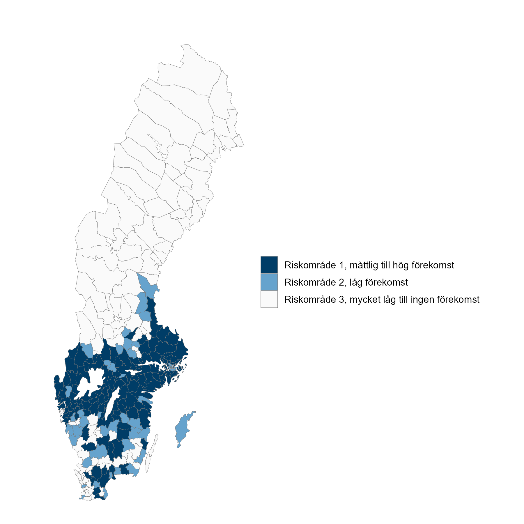 Omr&aring;det mellan Dal&auml;lven och V&auml;tterns sydspets &auml;r fr&auml;mst riskomr&aring;de 1. S&ouml;der om V&auml;ttern utg&ouml;rs av riskomr&aring;de 2 och 3. 