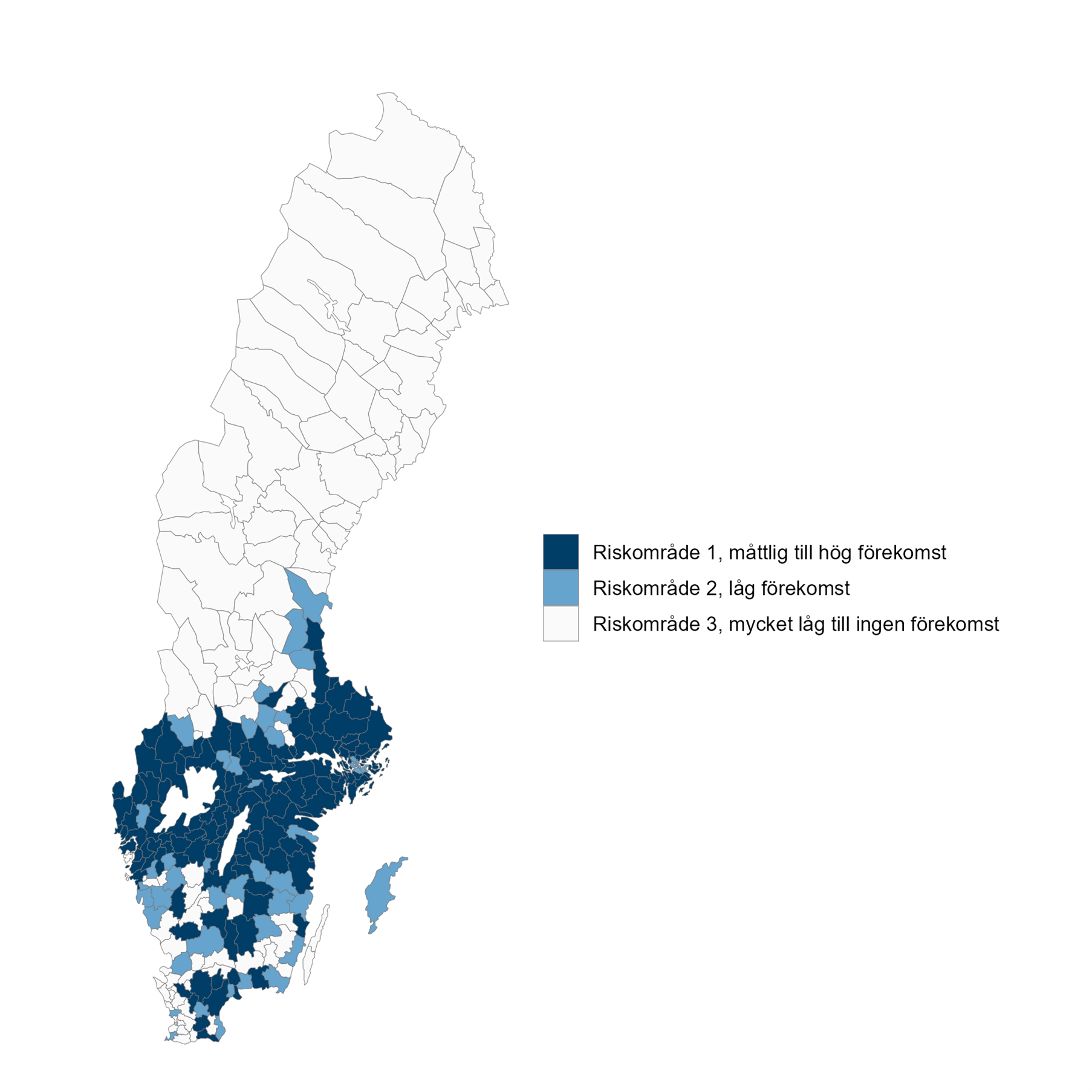 Mellan Dal&auml;lven och V&auml;tterns s&ouml;dra spets till stor del riskomr&aring;de 1. S&ouml;der om V&auml;ttern &auml;r ungef&auml;r h&auml;lften av ytan riskomr&aring;de 2, resten 3.