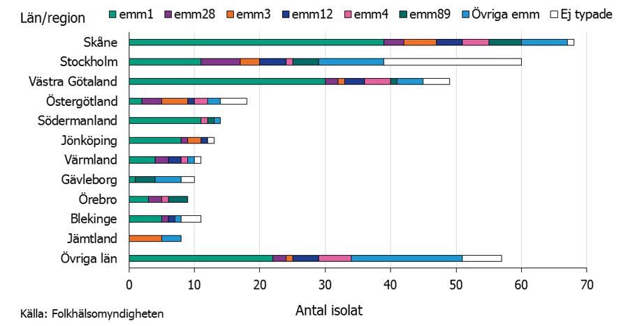 diagram som visar de 6 vanligaste emm-typerna per län