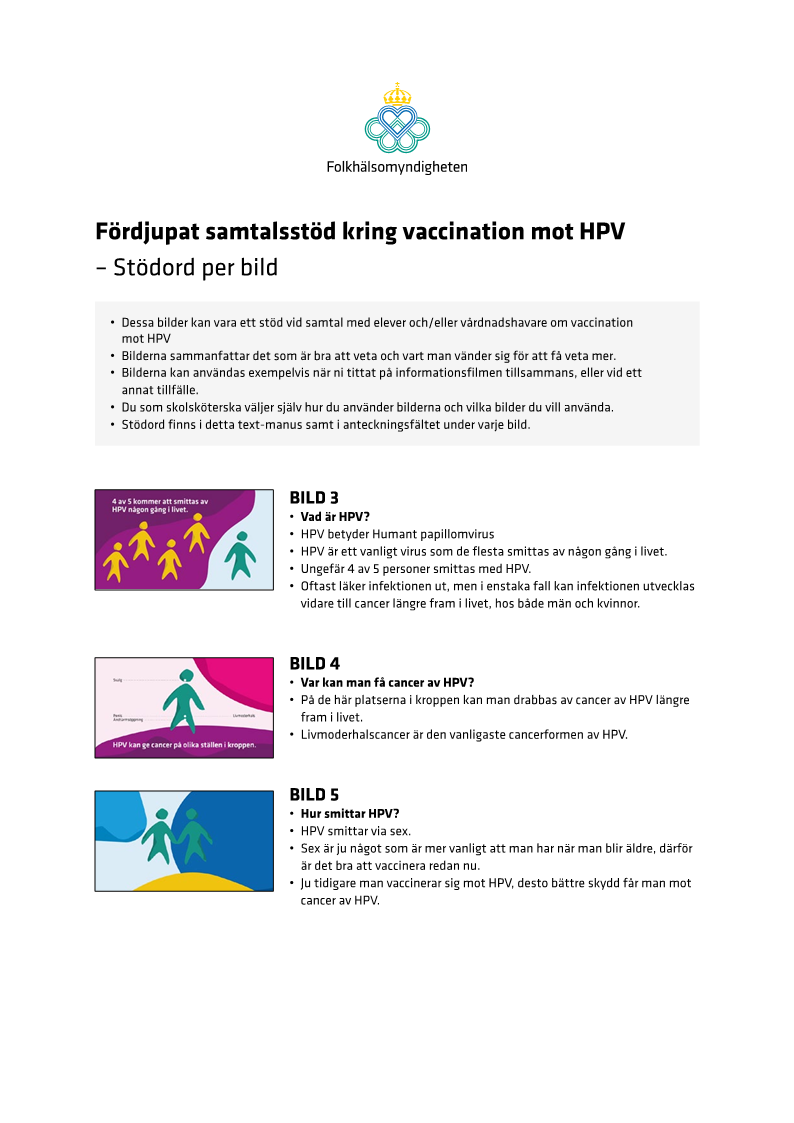 Fördjupat samtalsstöd kring vaccination mot HPV–Stödord per bild