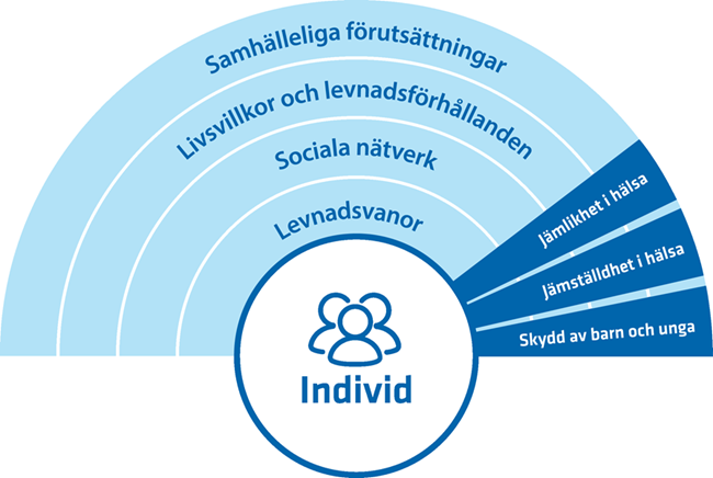 Figur 2 visar hälsans bestämningsfaktorer baserad på Dahlgren och Whitehead illustration från 1991. Illustrationen bearbetad av Folkhälsomyndigheten 2020.