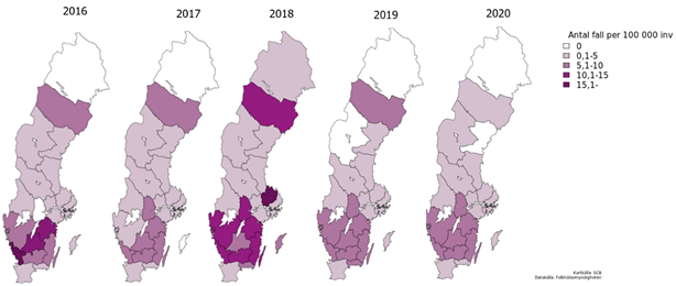 Sverigekartor som visar incidensen per region per år. Södra Sverige dominerar.