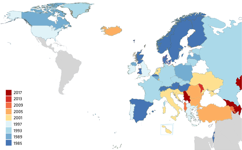 Figuren visar en karta över de länder i Europa och Nordamerika som deltar i studien Skolbarns hälsovanor. 
