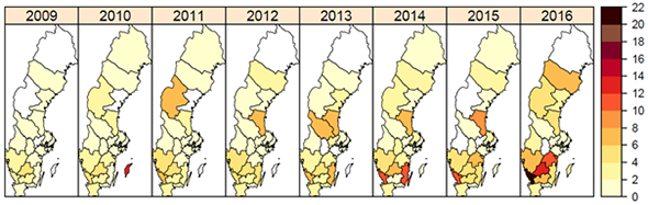 Figur 4. Inhemsk incidens av rapporterad ehec 2009–2016. Färgskalan symboliserar antalet fall per 100 000 invånare. Län markerade med vit färg hade inte några rapporterade fall av ehec det aktuella året