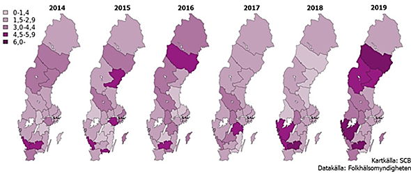 Figur 3. Incidens av yersiniainfektion per region i Sverige mellan åren 2014-2019.