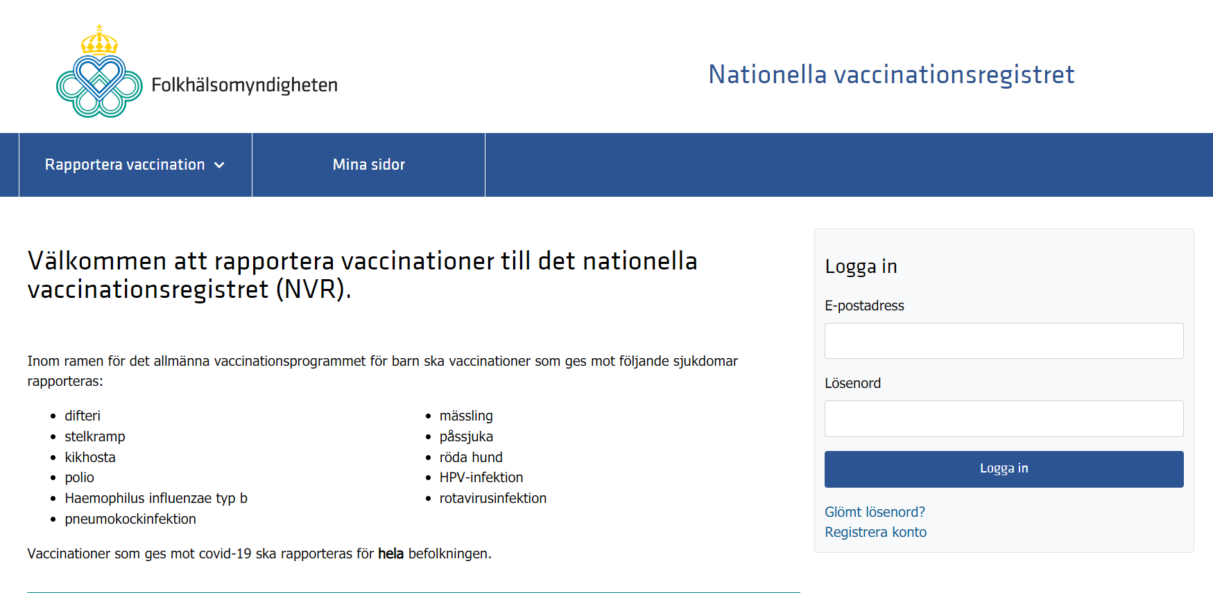 Skärmdump som visar inloggningssidan för manuell inrapportering till det nationella vaccinationsregistret