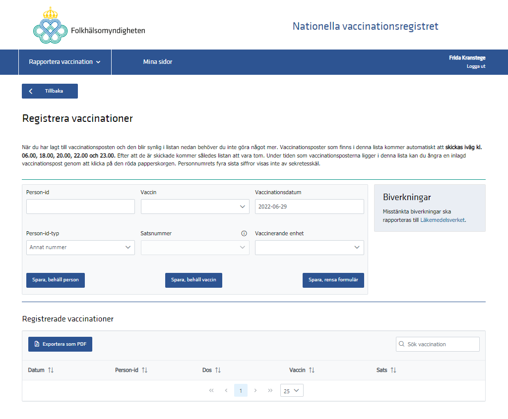 Skärmdump från sidan med formulär för att registrera vaccinationer vilken visar vilka uppgifter som måste fyllas i.