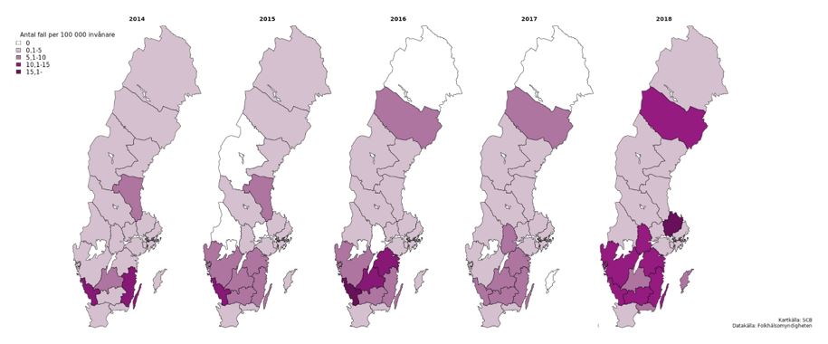 Figur 3. Incidens av ehec under åren 2013–2017 för fall smittade i Sverige. Färgskalan symboliserar antalet fall per 100 000 invånare. Regioner markerade med vit färg hade inte några rapporterade fall av ehec det aktuella året