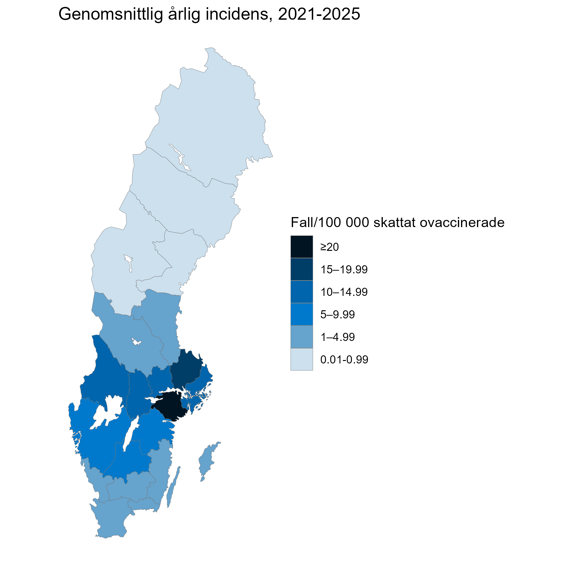 &Aring;rligt antal rapporterade fall 2020-2025 per region, i genomsnitt. Se tabell 4.
