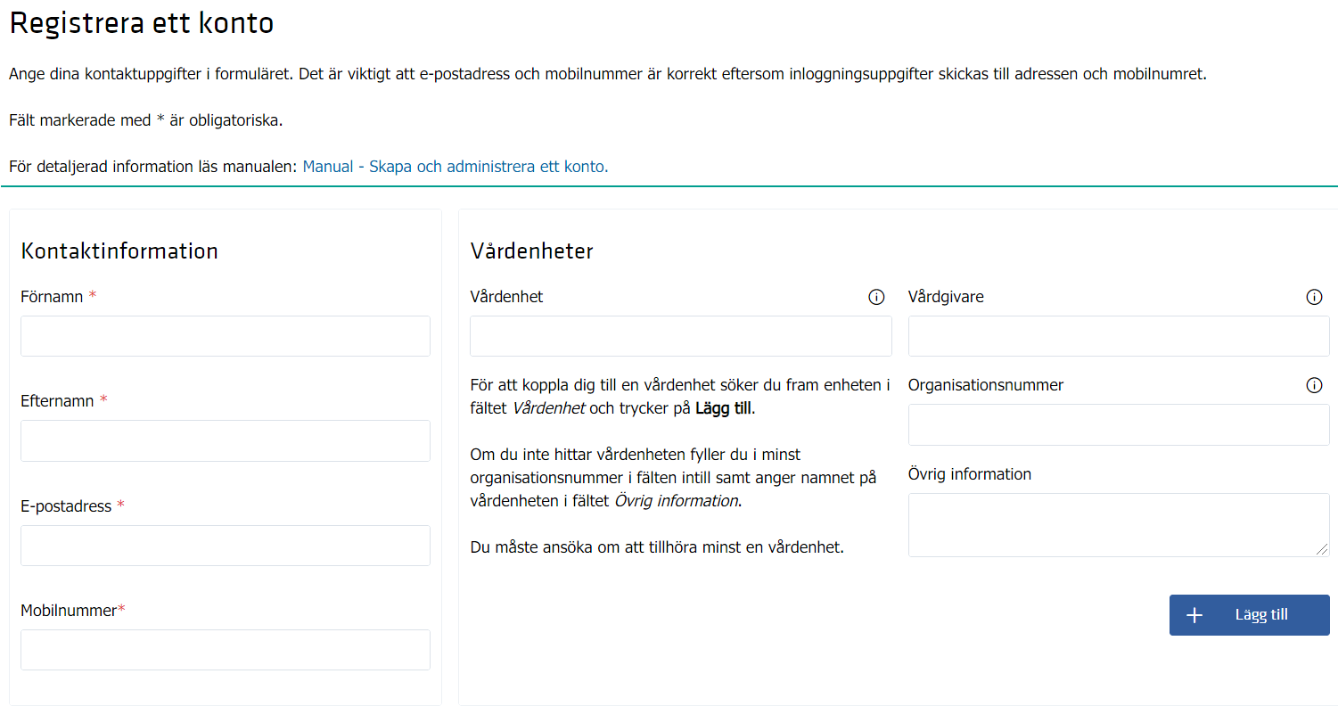 Sidan visar skärmdump från det formulär med de uppgifter som ska fyllas i för att registrera ett konto.