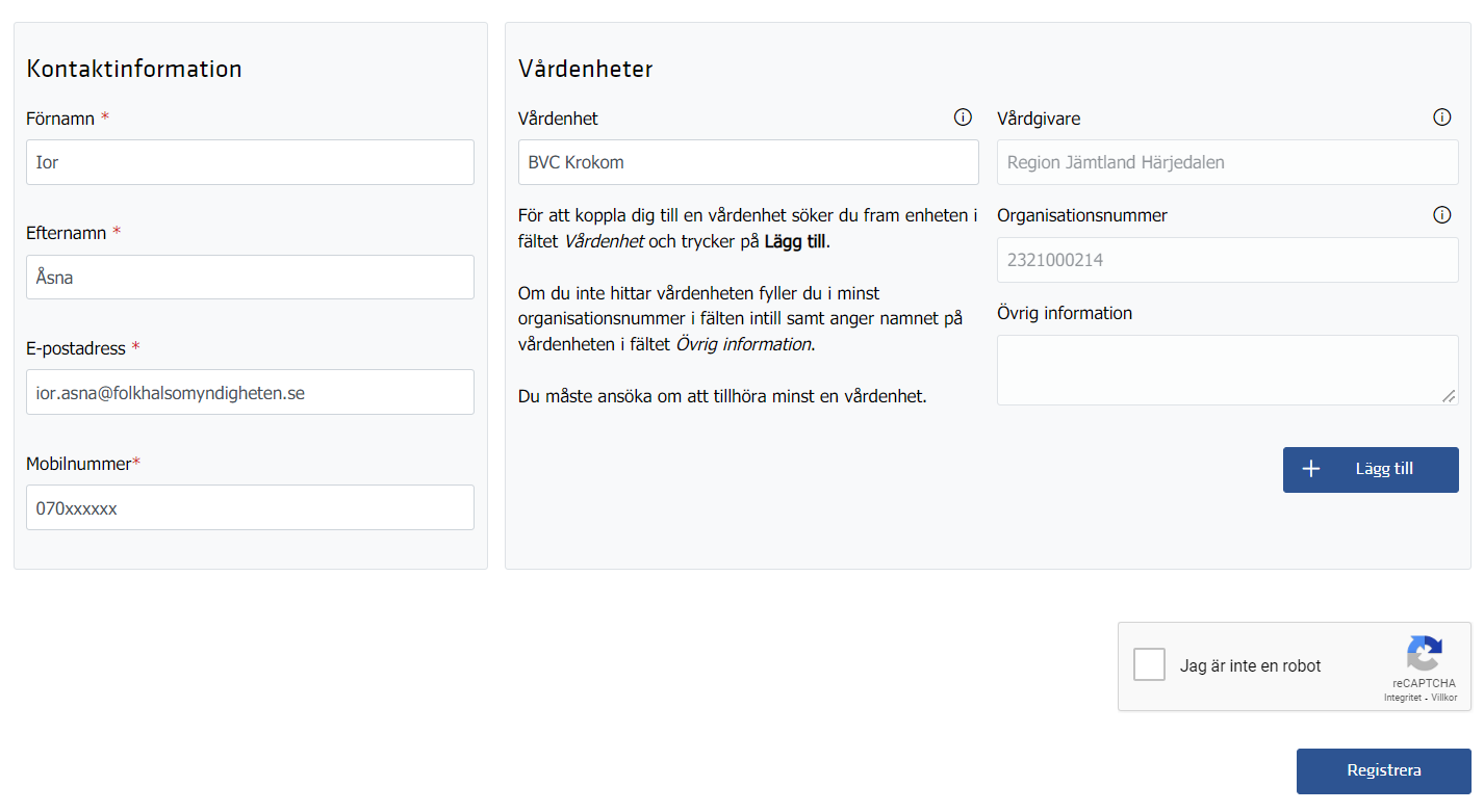 Skärmdump som visar det formulär med de uppgifter som ska fyllas i för att registrera ett konto.