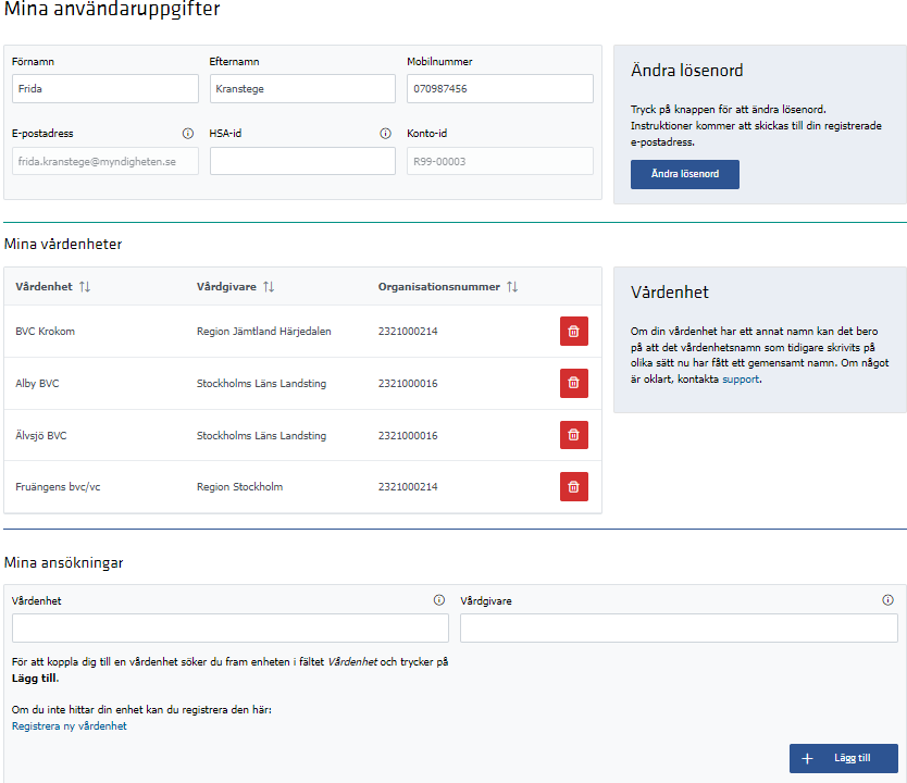 Skärmdump på sidan där de vårdenheter syns som är kopplade till kontot.