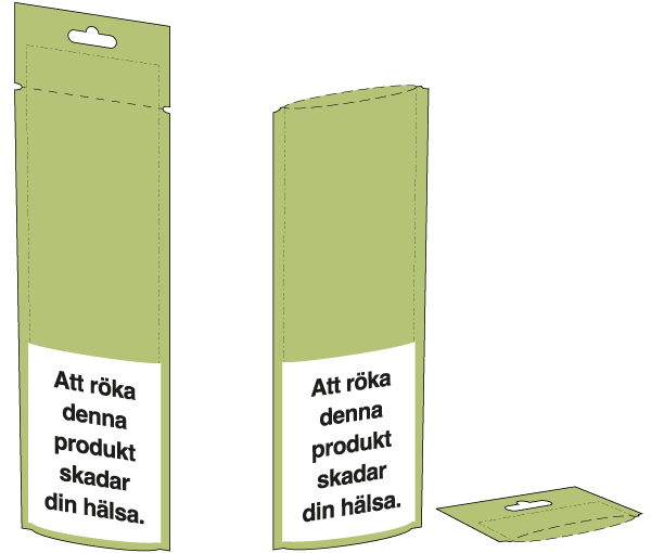 Hälsovarningar återfinns på den nedre delen av förpackningens fram- och baksida