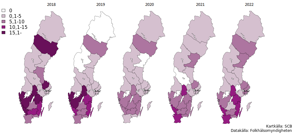 Incidensen av ehec har oftast varit högst i landets sydliga regioner. Källa: Folkhälsomyndigheten.