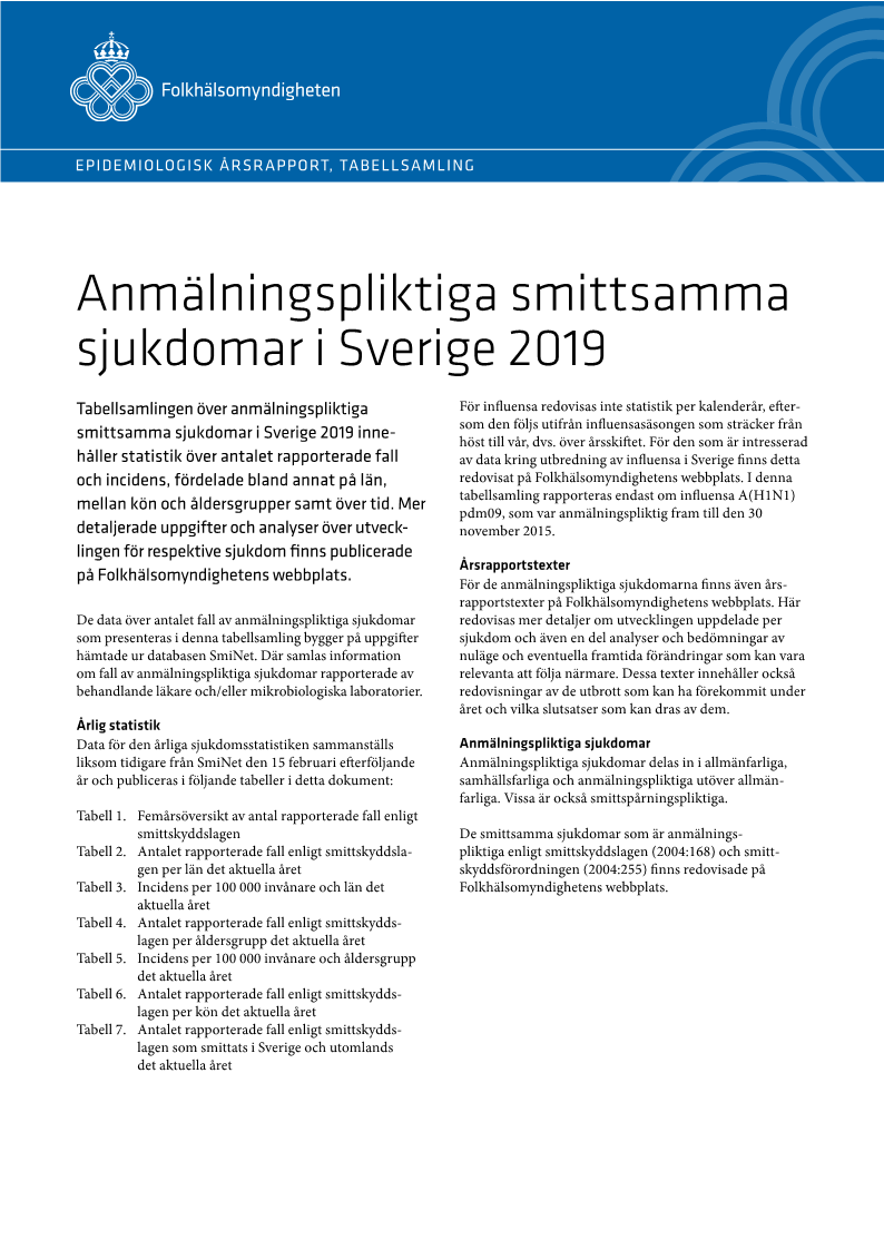 Anmälningspliktiga smittsamma sjukdomar i Sverige 2019 – Epidemiologisk årsrapport, tabellsamling