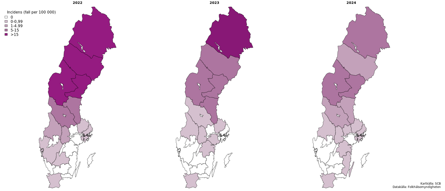 Bilden visar tre kartor från åren 2022-2024. Incidensen är alltid högst i de nordligaste delarna av landet och få fall rapporteras från södra Sverige.
