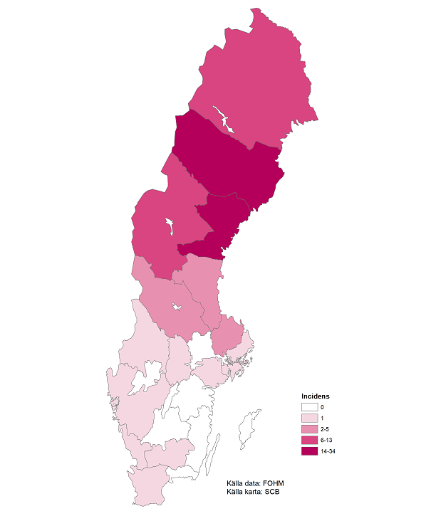 Sverigekarta som visar incidensen av rapporterade sorkfeberfall i olika regioner under 2021. Färgen är mörkare, det vill säga högre incidens, i norra delarna av landet, i synnerhet i Västernorrland och Västerbotten. Källa: Folkhälsomyndigheten.