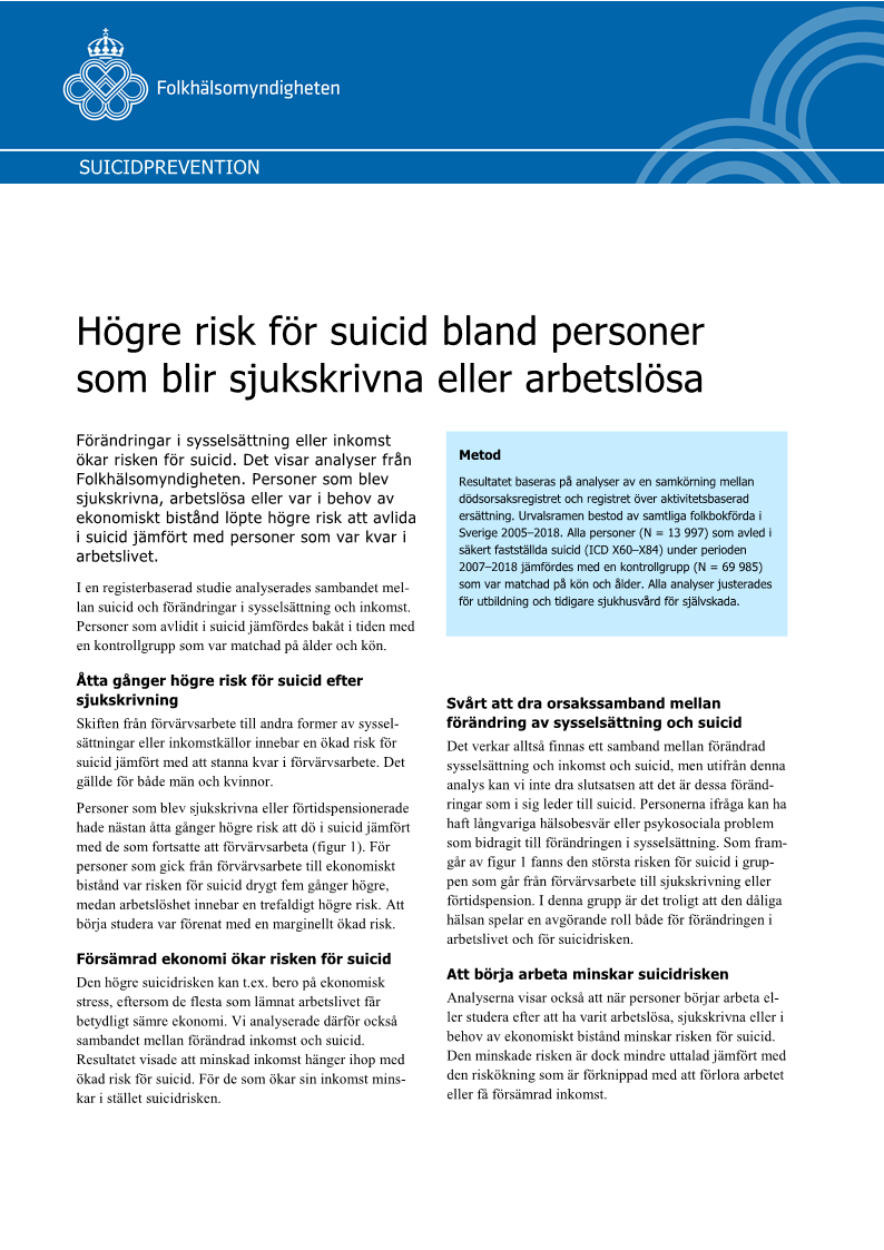 Högre risk för suicid bland personer som blir sjukskrivna eller arbetslösa