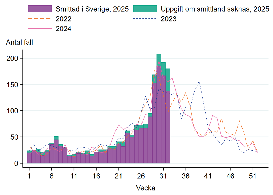 En ökning av fall ses från vecka 29 till 31, liknande ökning sågs även 2022-2024.