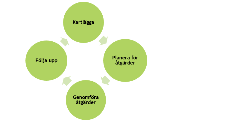 Fyra cirklar med texten kartlägga, Planera för åtgärder, Genomföra åtgärder, Följa upp och pilar mellan cirklarna