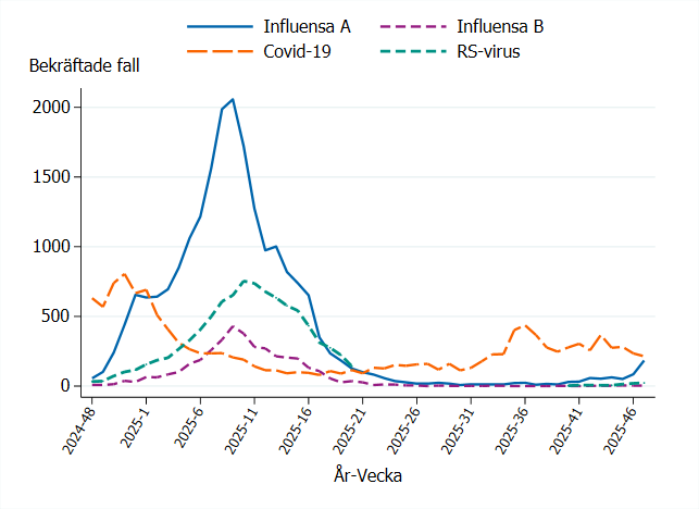 Kring årsskiftet 2024–2025 toppade influensa och RS-virus. Covid-19 har ett mindre tydligt säsongsmönster.