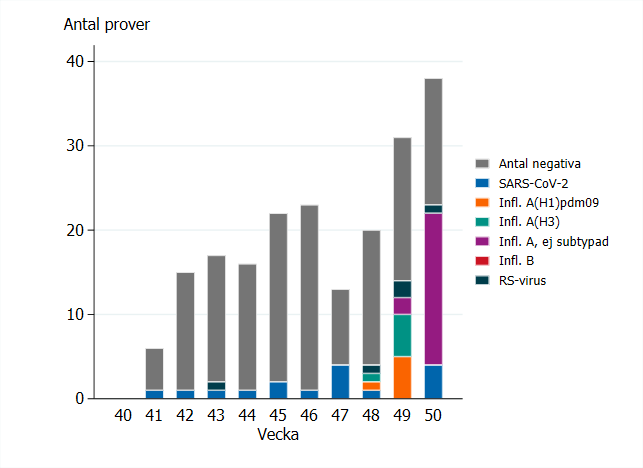 Antal prover har &ouml;kat de senaste tv&aring; veckorna. Under vecka 49-50 m&aring;nga positiva prover, fr&auml;mst influensa A, se Tabell 2.